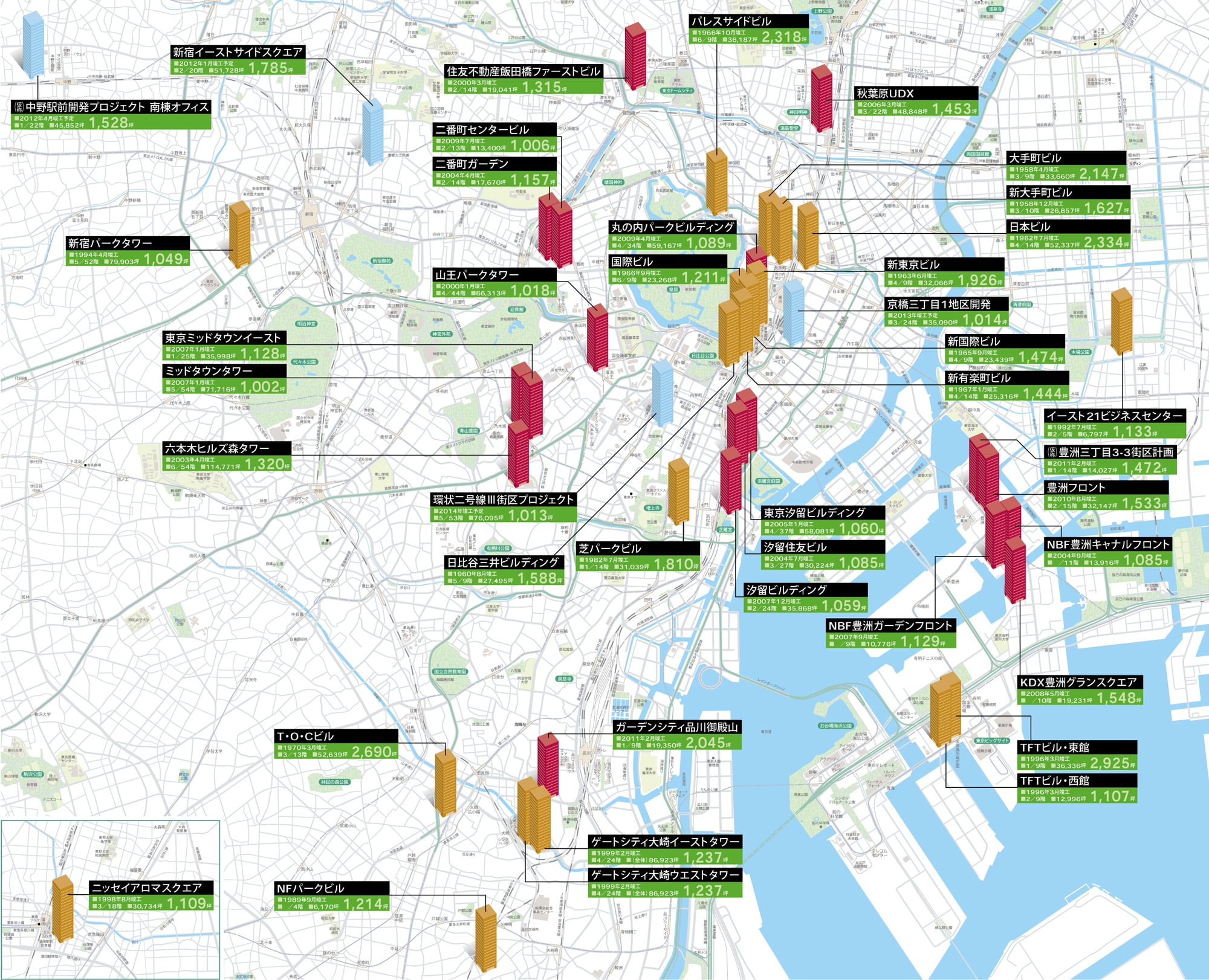 巨大オフィスがビジネスを変える:東京23区内ワンフロア1,000坪以上の階がある 大型賃貸オフィスビル既存&開発MAP